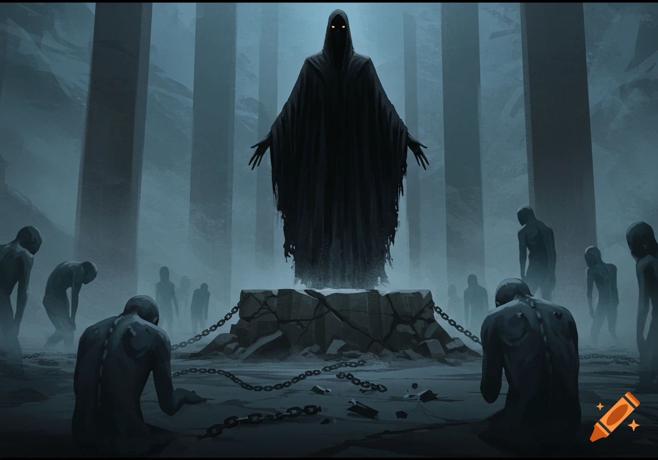 A dark cloaked figure with glowing eyes stands on a broken pedestal, surrounded by hunched, ghostly figures in a misty, ruined hall.