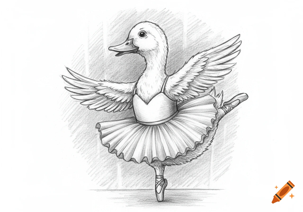 Pencil sketch of a duck dressed as a ballerina in a tutu and pointe shoes, posing en pointe.