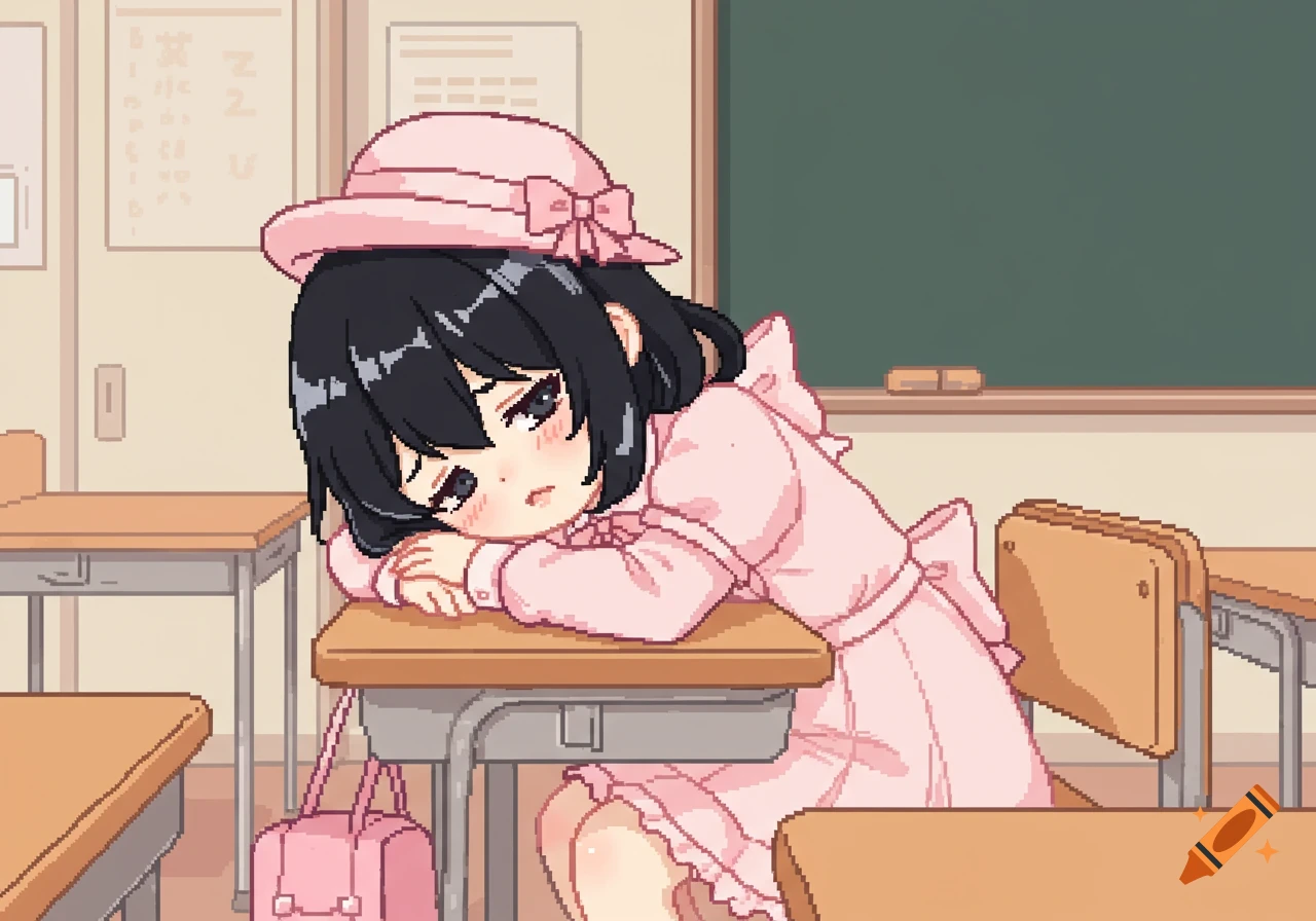 Pixel art of a sleepy anime girl with black hair and a pink dress resting on a classroom desk.