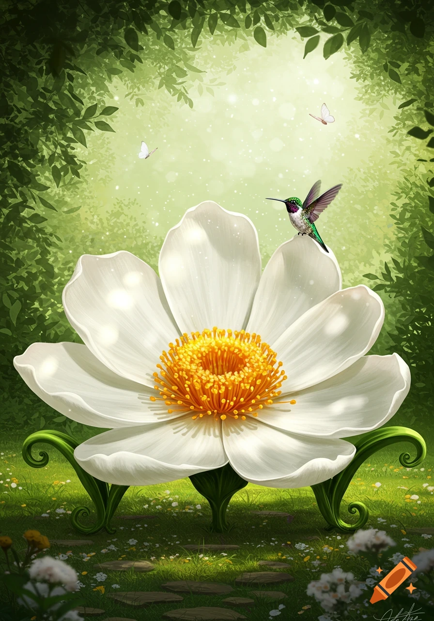 A vibrant illustration of a hummingbird perching on a giant white flower shaped like a bench in a magical green forest.