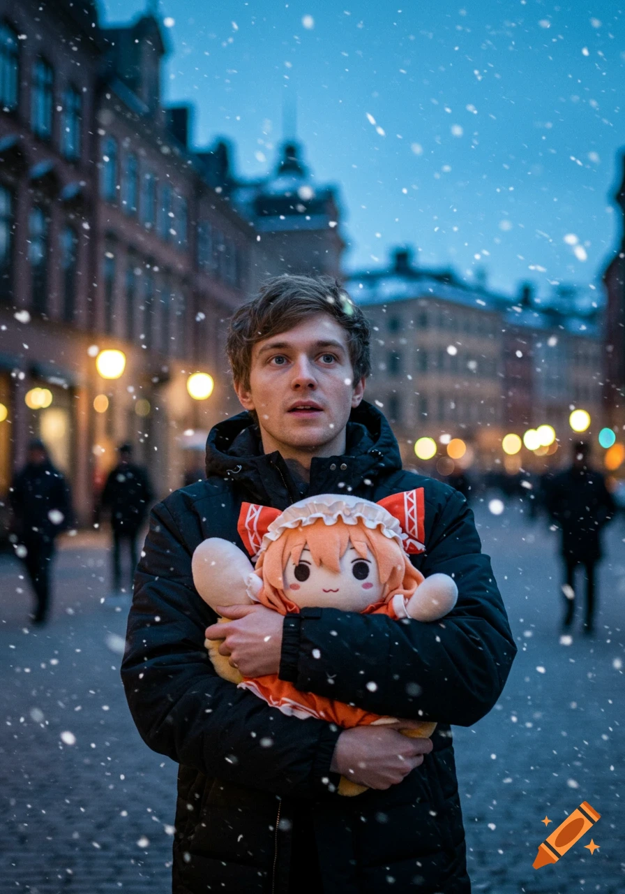 A man holds a Yuyuko fumo plush toy in a snowy Stockholm street at dusk. Photorealistic.