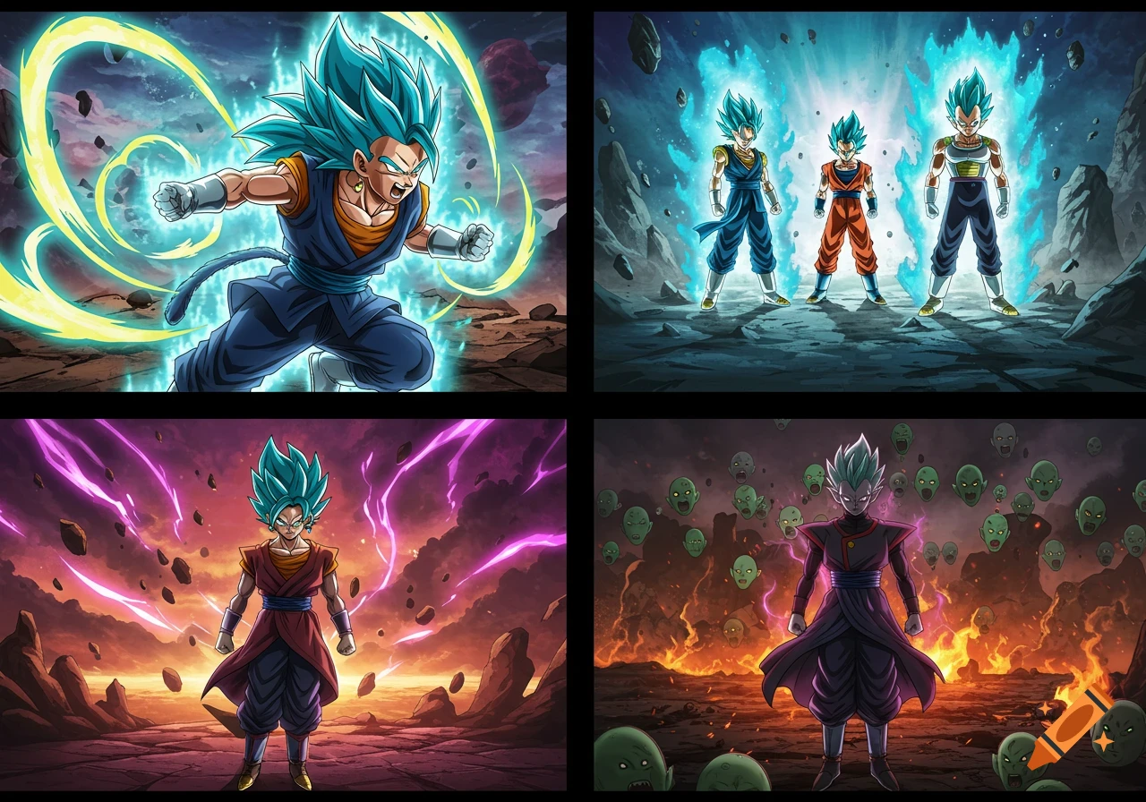 A four-panel anime-style collage: top-left, Vegito charging blue energy; top-right, three Super Saiyan Blue characters; bottom-left, Fused Zamasu with purple aura; bottom-right, Fused Zamasu surrounded by green faces and fire.