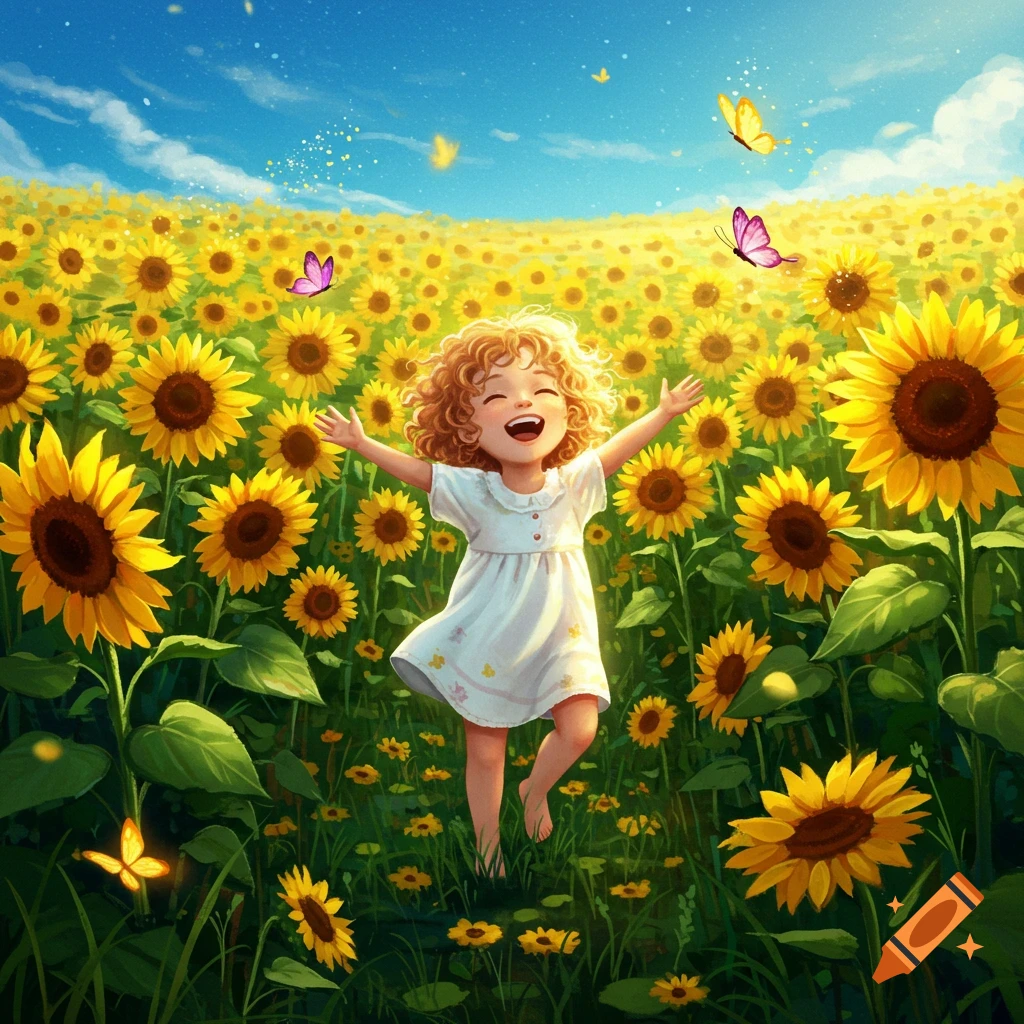A happy child with curly hair runs barefoot through a vibrant field of sunflowers under a bright blue sky with butterflies.