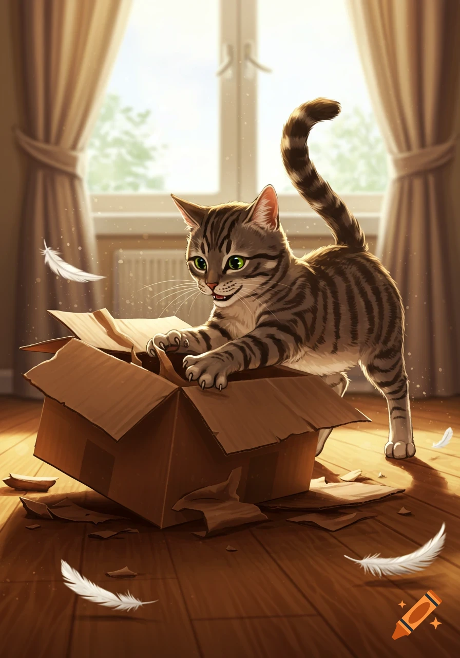 An illustrated tabby cat playfully tears apart a cardboard box on a wooden floor, with feathers floating around.