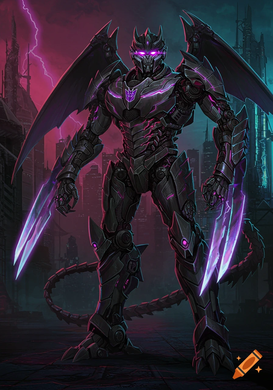 A heavily armored, dark grey Cyber-Dragon Transformer with purple glowing accents, large wings, talon feet, and bladed claws stands in a neon-lit cyberpunk city under a stormy sky.