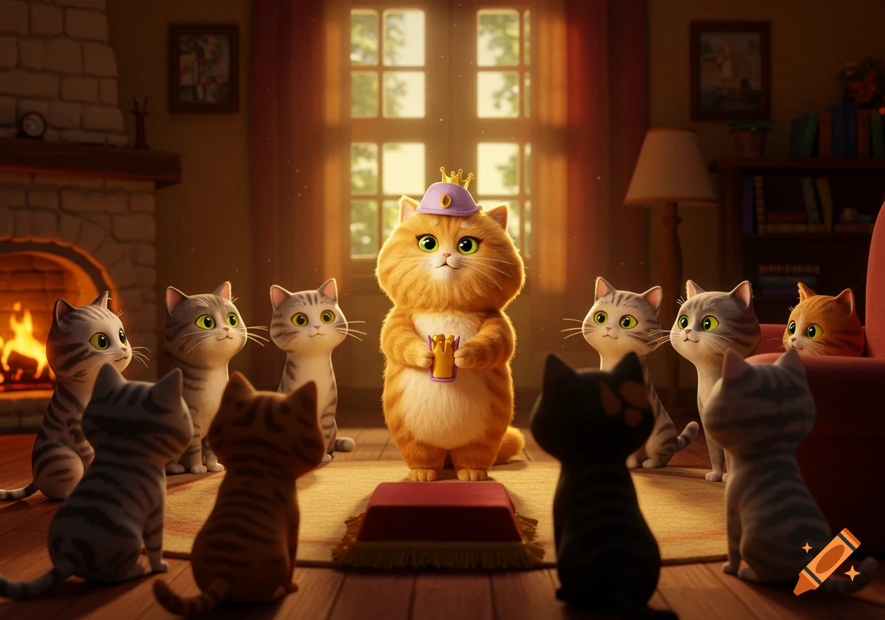 A fluffy orange cat wearing a purple and gold crown holds a small golden object, surrounded by other cats watching in a cozy 3D animated living room.