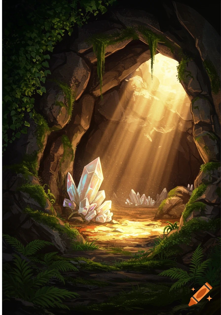 Sunlight streams into a mossy cave revealing sparkling, colorful crystals on the ground in a vibrant fantasy art style.