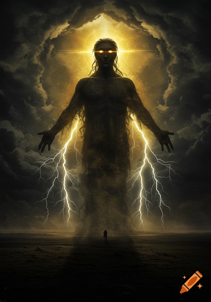 A colossal, glowing, god-like figure of storm clouds with lightning looms over a tiny human in a desolate landscape.