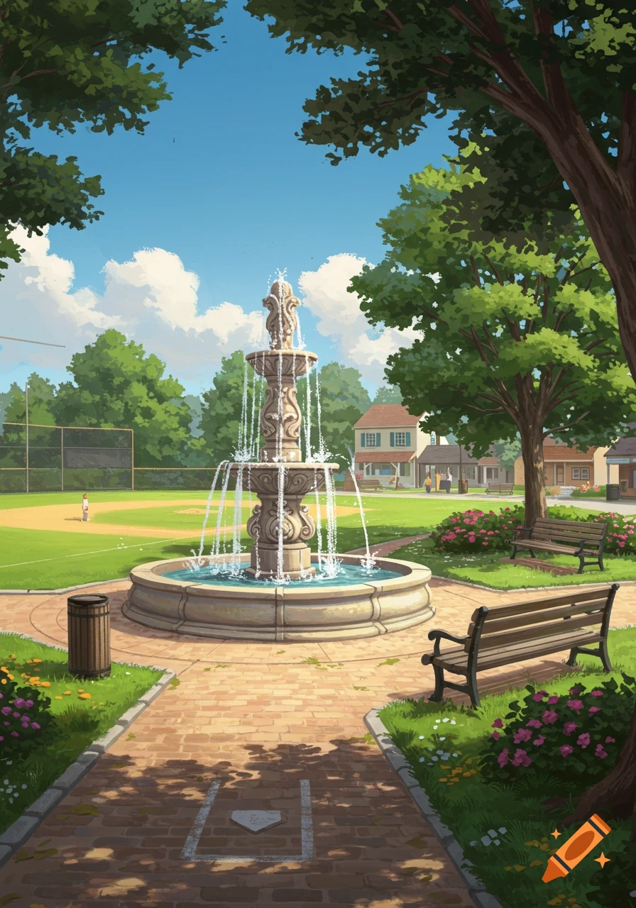 An animated park scene with a tall fountain, a baseball field, benches, and trees under a blue sky.