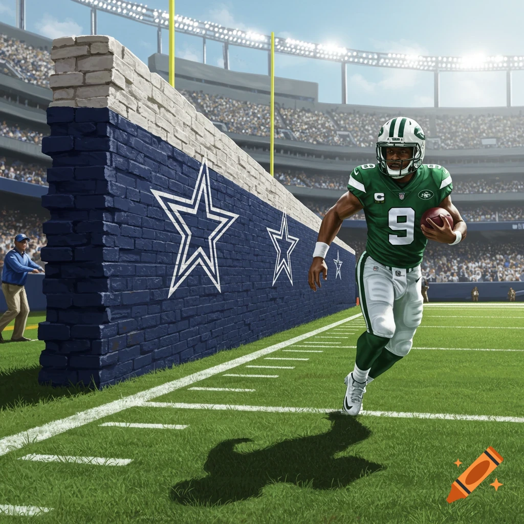 NY Jets player #9 runs with a football across a green stadium field next to a blue brick wall with white Dallas Cowboys stars.