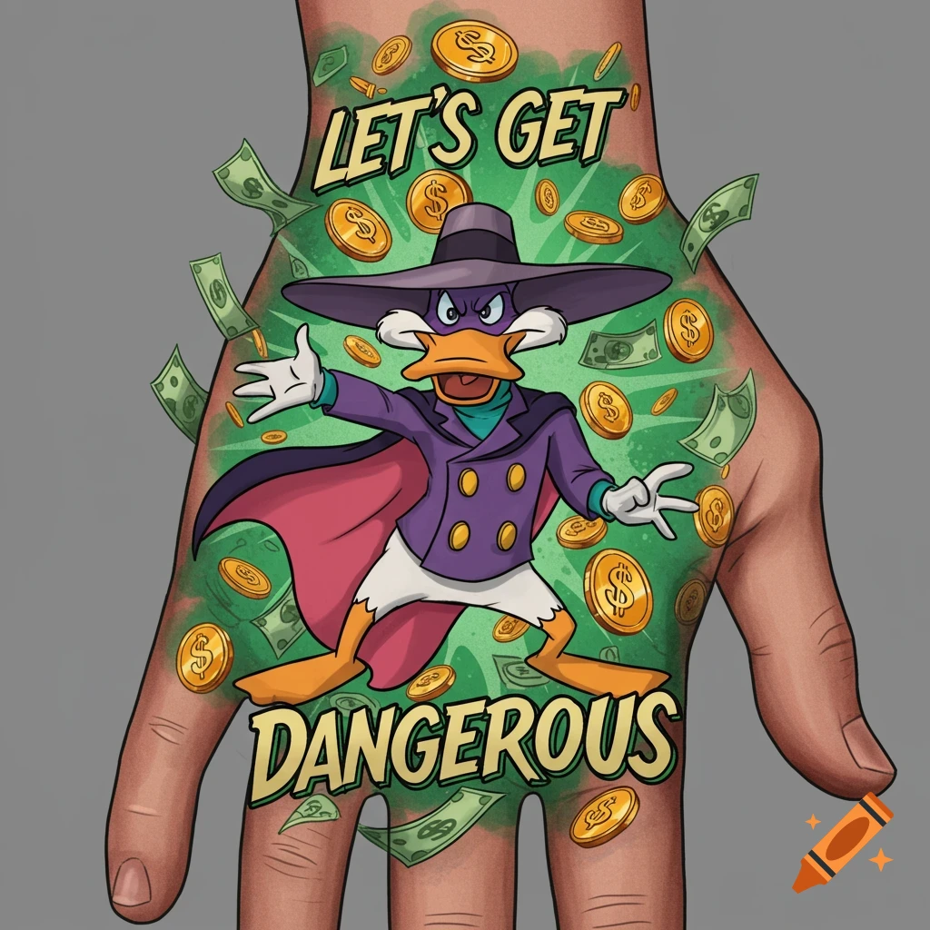 Darkwing Duck cartoon tattoo on a hand, surrounded by coins and dollar bills, with 'Let's Get Dangerous' text.