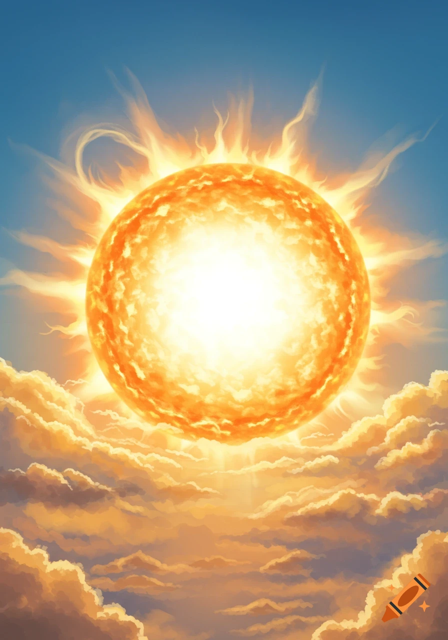 Bright, fiery sun radiating light above a sea of orange clouds against a blue sky.