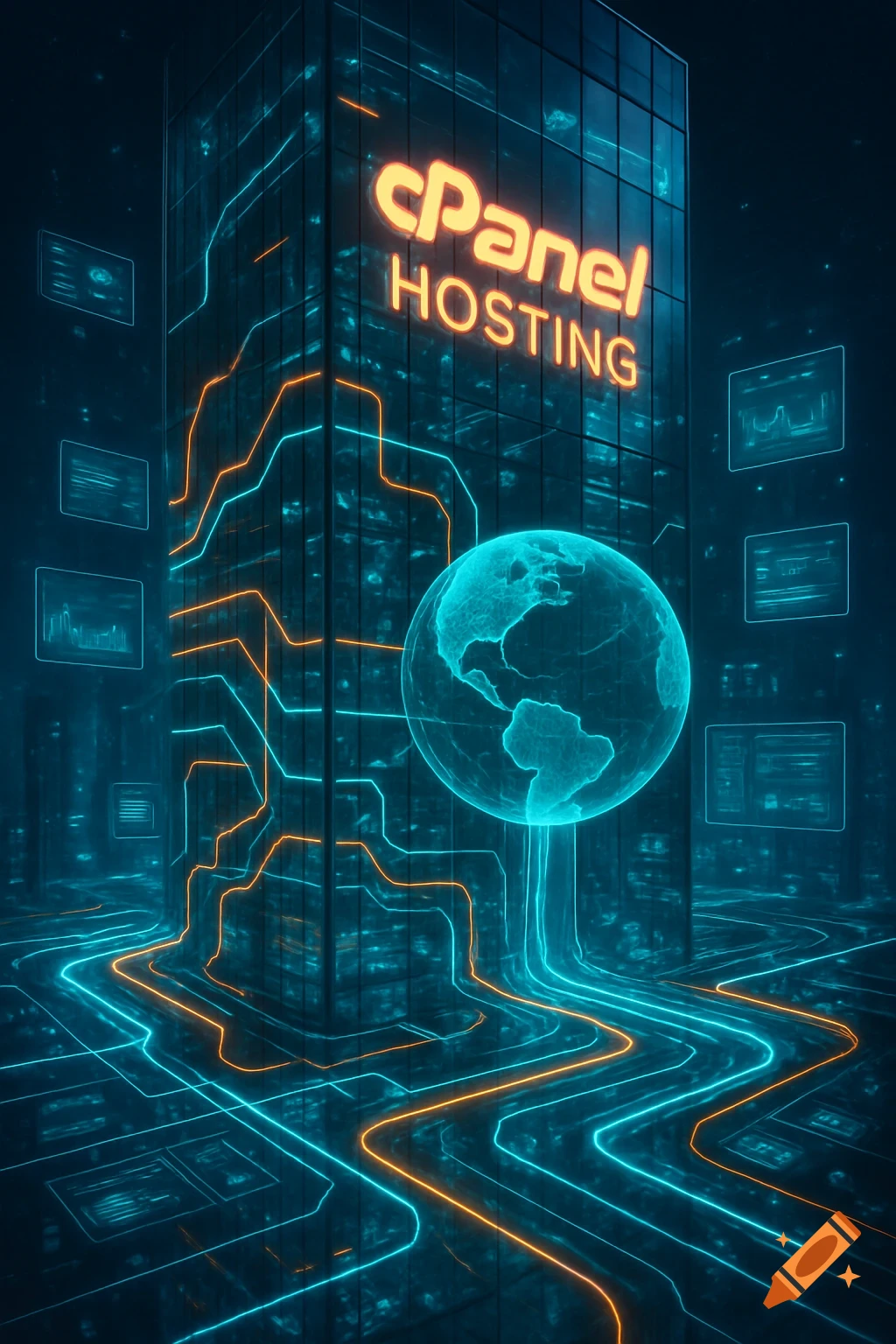A futuristic glowing building with "cPanel HOSTING" text, connected by illuminated circuit lines to a holographic globe in a dark, tech-themed environment.