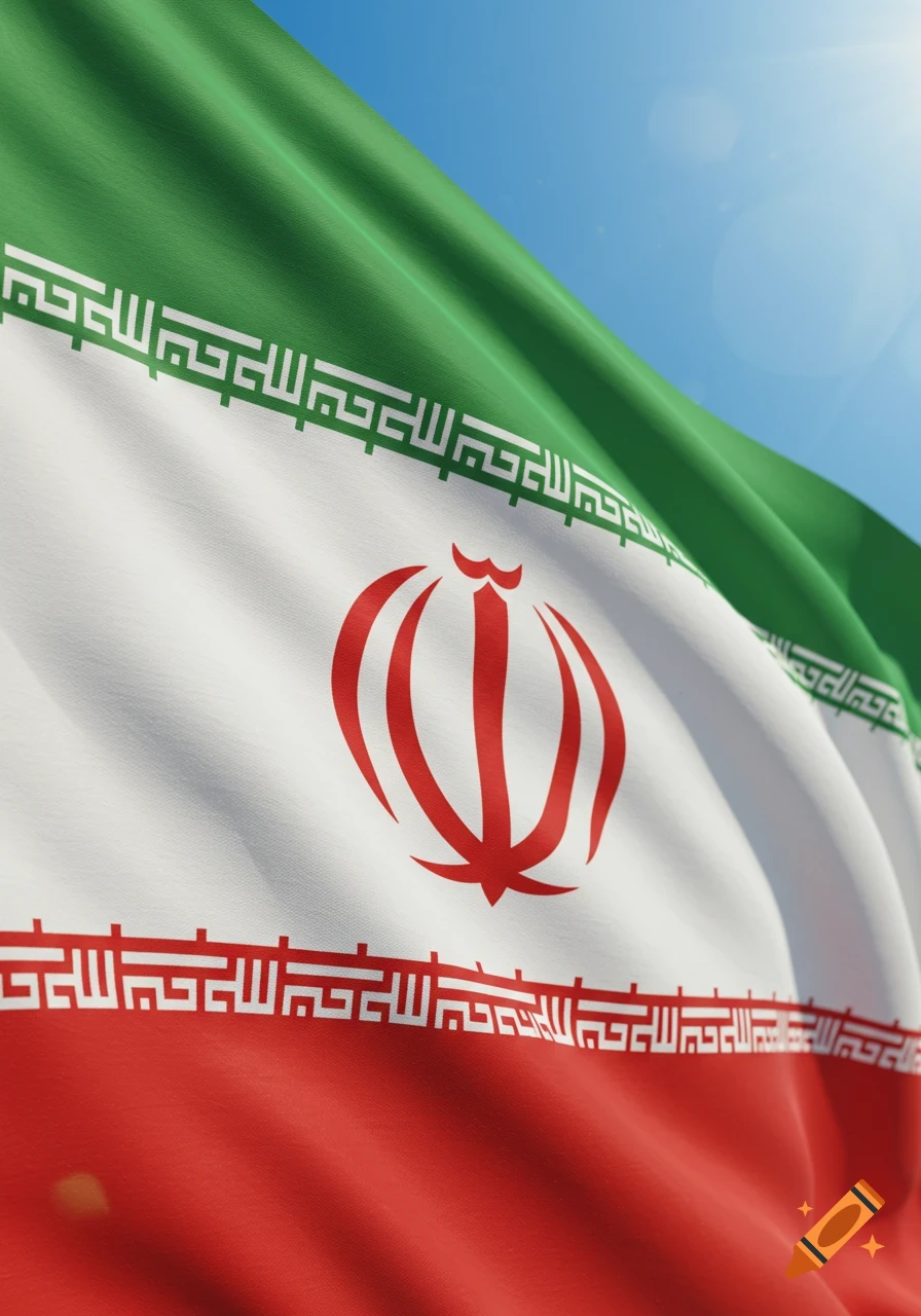 A waving Iranian flag with green, white, and red stripes, featuring the national emblem and Kufic script, under a clear blue sky.
