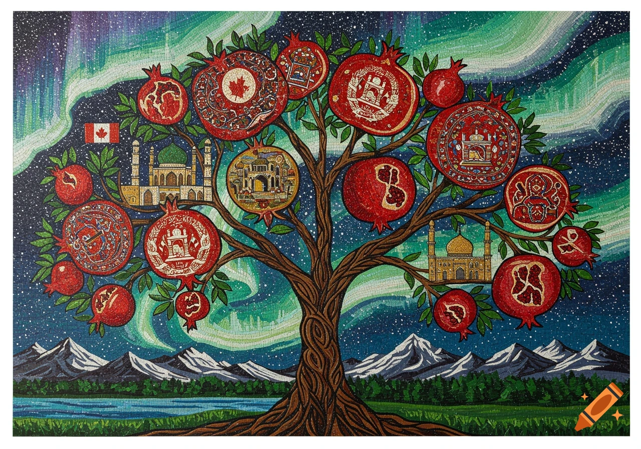 Mosaic art of a pomegranate tree with cultural symbols of Afghanistan and Canada, Northern Lights, and mountains in the background.