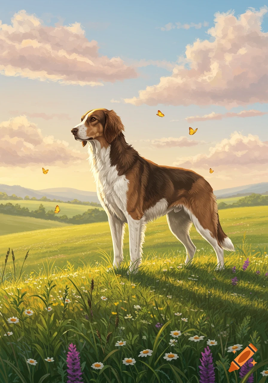 A brown and white dog stands in a sunny green field with wildflowers and butterflies under a blue sky with pink clouds. Illustration.