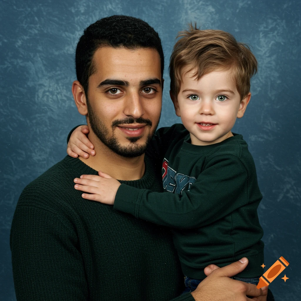 A man holding a young boy in a 1990s style portrait against a blue background.