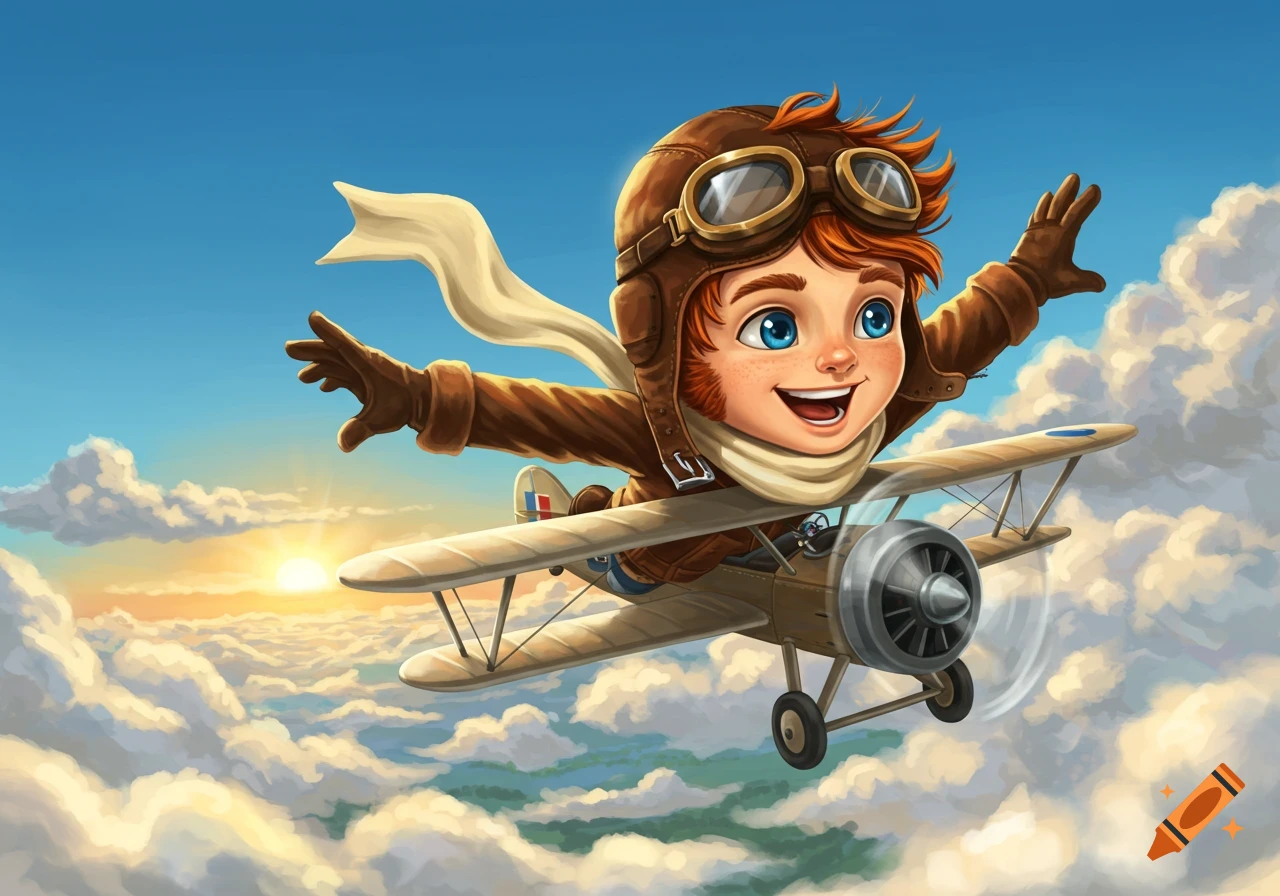 A happy cartoon boy with red hair, wearing an aviator hat and goggles, flies a biplane through a cloudy sky at sunset.