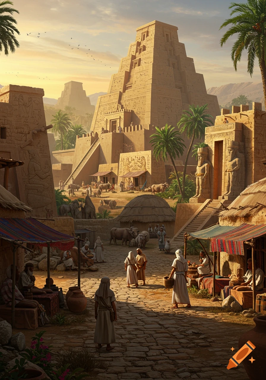 A bustling ancient Mesopotamian city with a large stepped pyramid (ziggurat), market stalls, people, and animals under a warm sky.