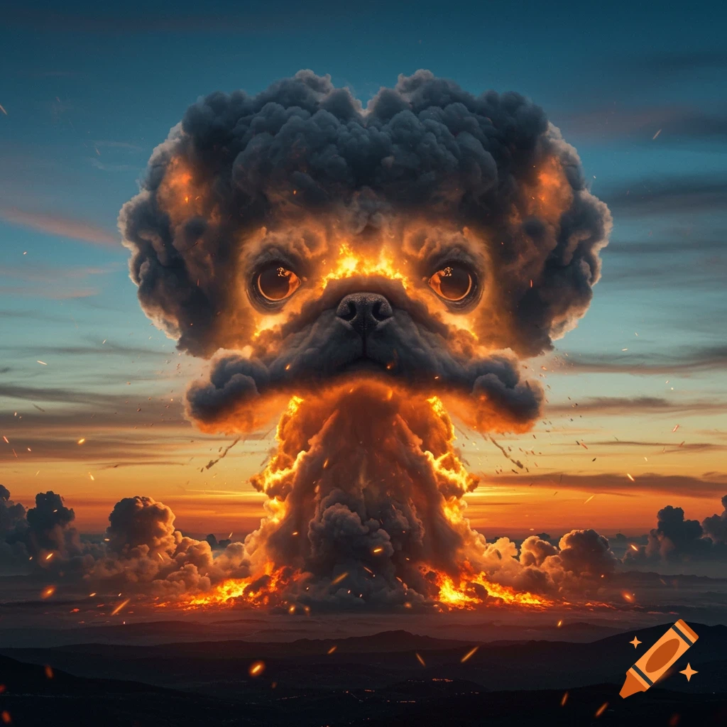 A dramatic mushroom cloud shaped like a pug's face, towering over a landscape at sunset with fiery sparks.