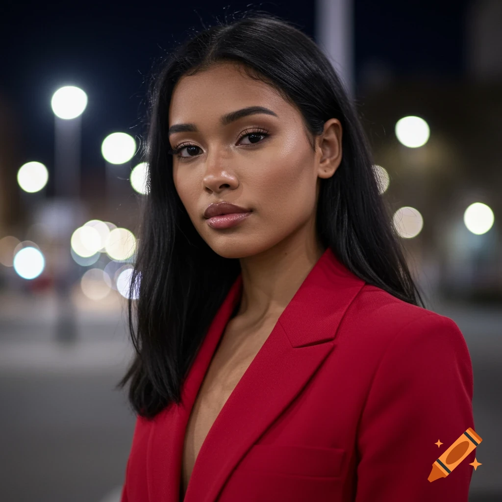 A close-up, photorealistic portrait of a woman with long dark hair wearing a red blazer at night with bokeh lights.