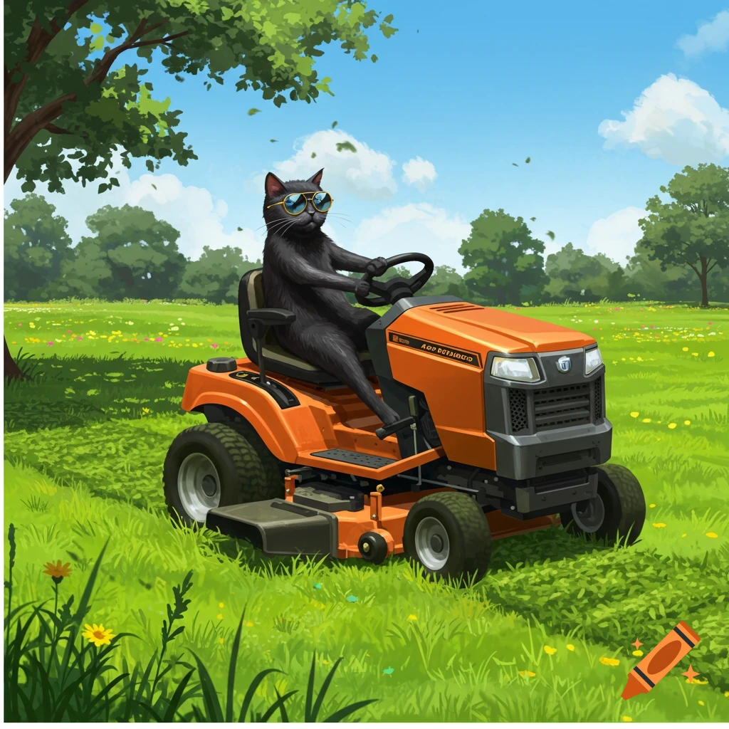 An illustrated black cat wearing round sunglasses drives an orange riding lawnmower through a grassy field under a blue sky.