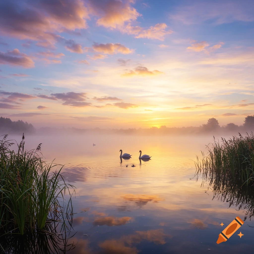 Two white swans glide on a misty lake at sunrise with reflections of a colorful cloudy sky, surrounded by reeds.