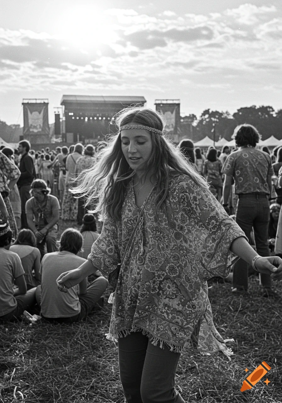 Black and white photo of a long-haired hippy girl dancing at a 1970s outdoor music festival.