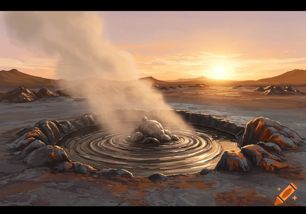 A dramatic, stylized illustration of a geothermal mud pot steaming at sunset in a vast, barren landscape.
