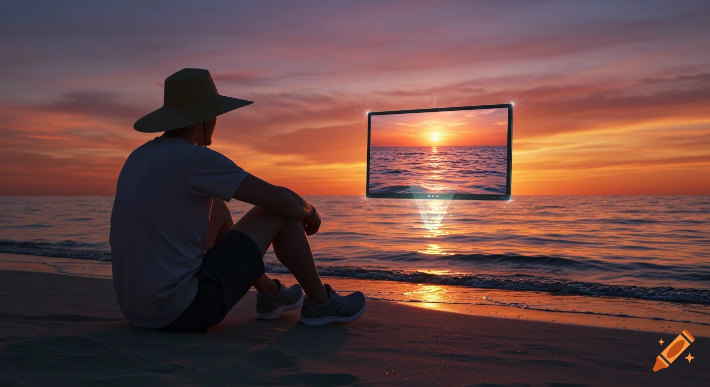 A person in a straw hat sits on a beach at sunset, watching a floating TV screen showing the sunset.