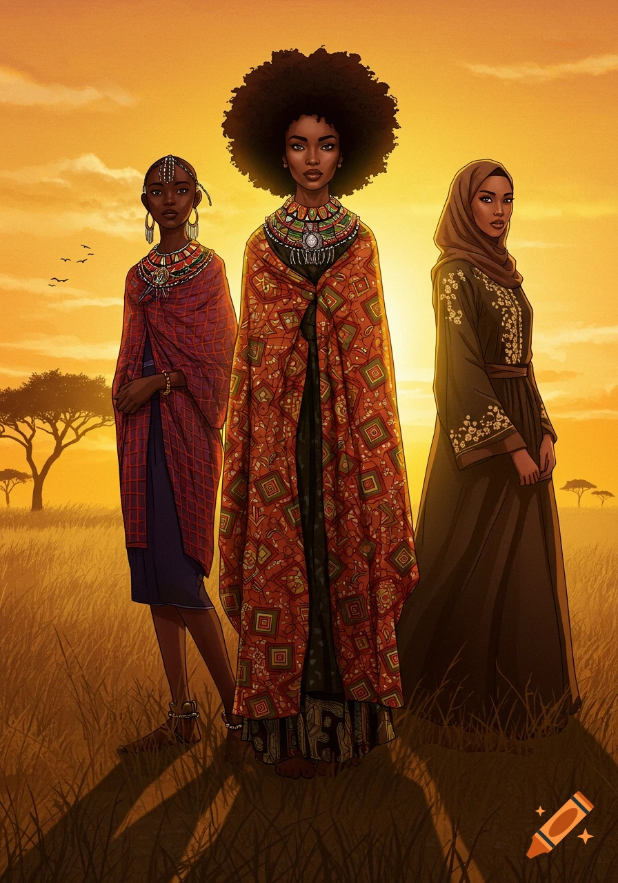 Three women in traditional African garments stand in a golden savanna landscape at sunset, in an illustrated style.