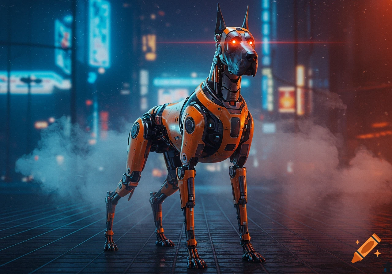 An orange and black robotic Great Dane with glowing red eyes stands in a misty, neon-lit futuristic city at night.