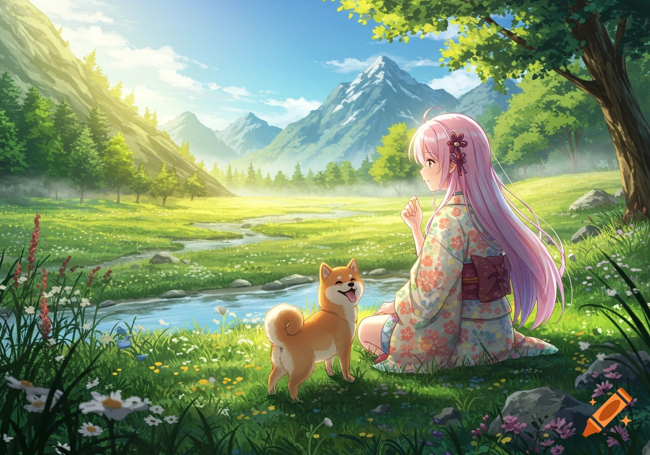 Anime girl in a kimono sitting by a river with a happy Shiba Inu in a vibrant green valley with mountains.