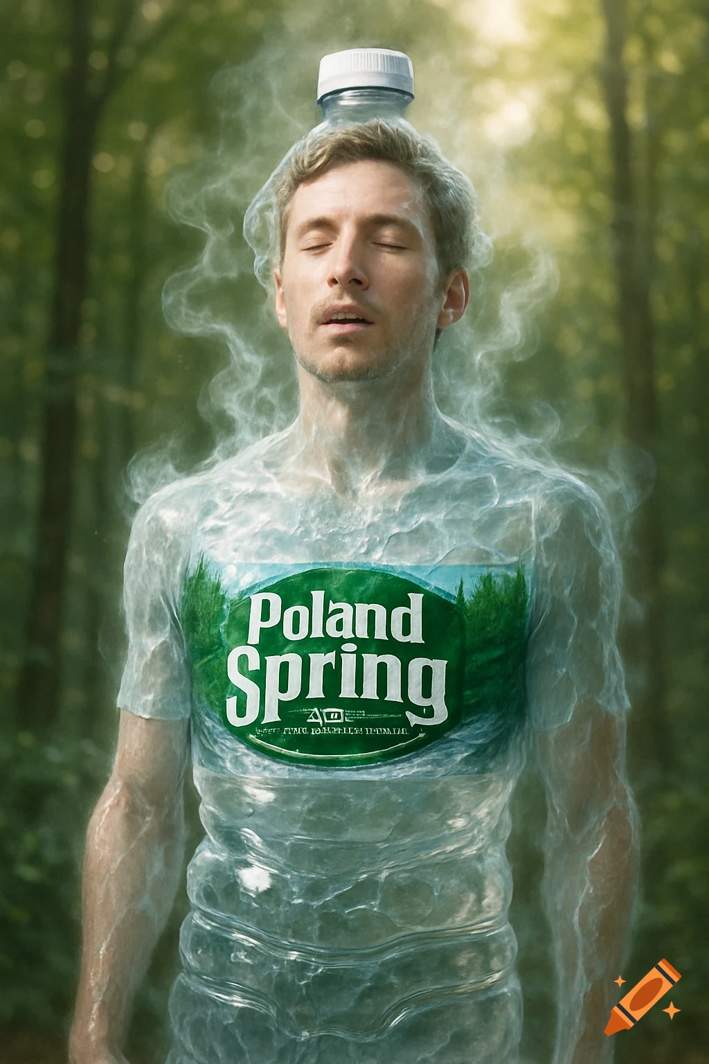 Photorealistic image of a man morphing into a Poland Spring water bottle, standing in a forest with his eyes closed.
