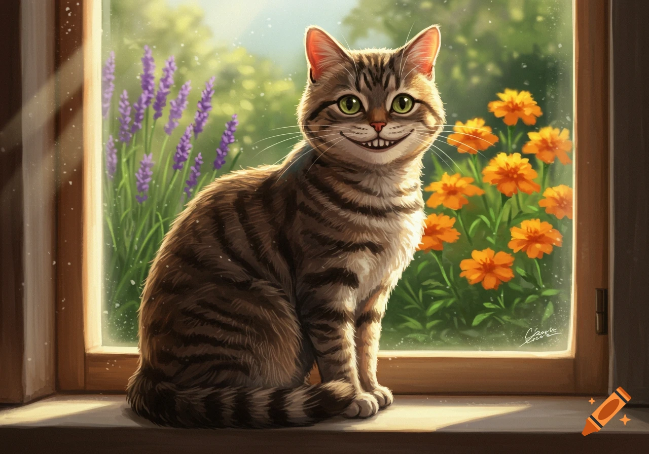 A striped tabby cat with a wide, human-like smile sits on a sunlit windowsill, looking out at purple lavender and orange marigolds.