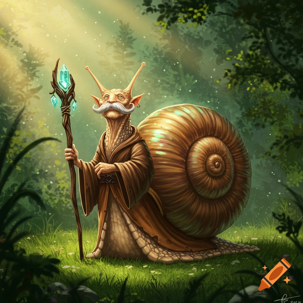 A wise old humanoid snail with a white mustache and robe holds a glowing crystal staff in a sunlit forest.