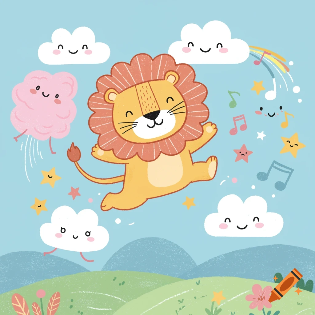 A cute cartoon lion jumps in a light blue sky with smiling clouds, stars, musical notes, a rainbow, and a pink jellyfish-like cloud, over green hills.
