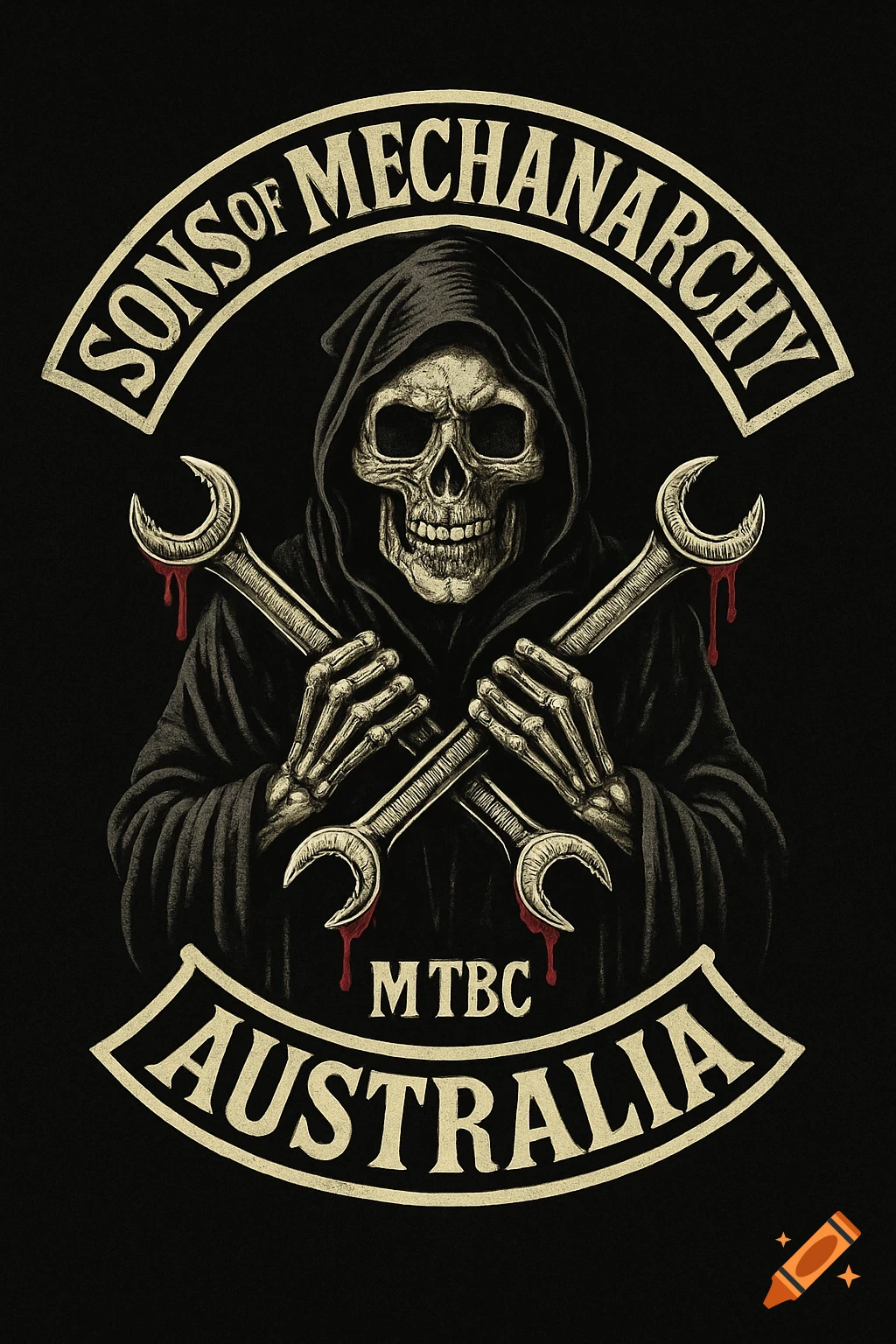 A grim reaper in a hooded cloak, holding two blood-dripping wrenches crossed in an 'X' pattern, framed by arcing banners with text "SONS OF MECHANARCHY" and "AUSTRALIA", and "MTBC" below the reaper.