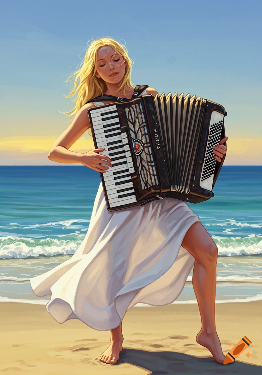 Blonde woman in a white dress plays an accordion on a sunny beach, with the ocean behind her, in a digital painting.