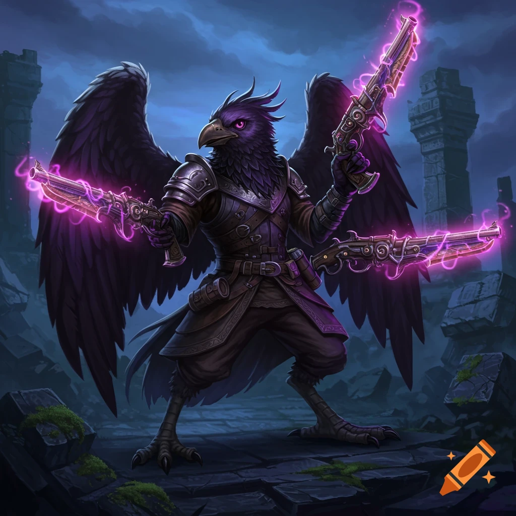 An armored bird-person warrior holds three glowing guns in a ruined fantasy setting. Digital illustration.
