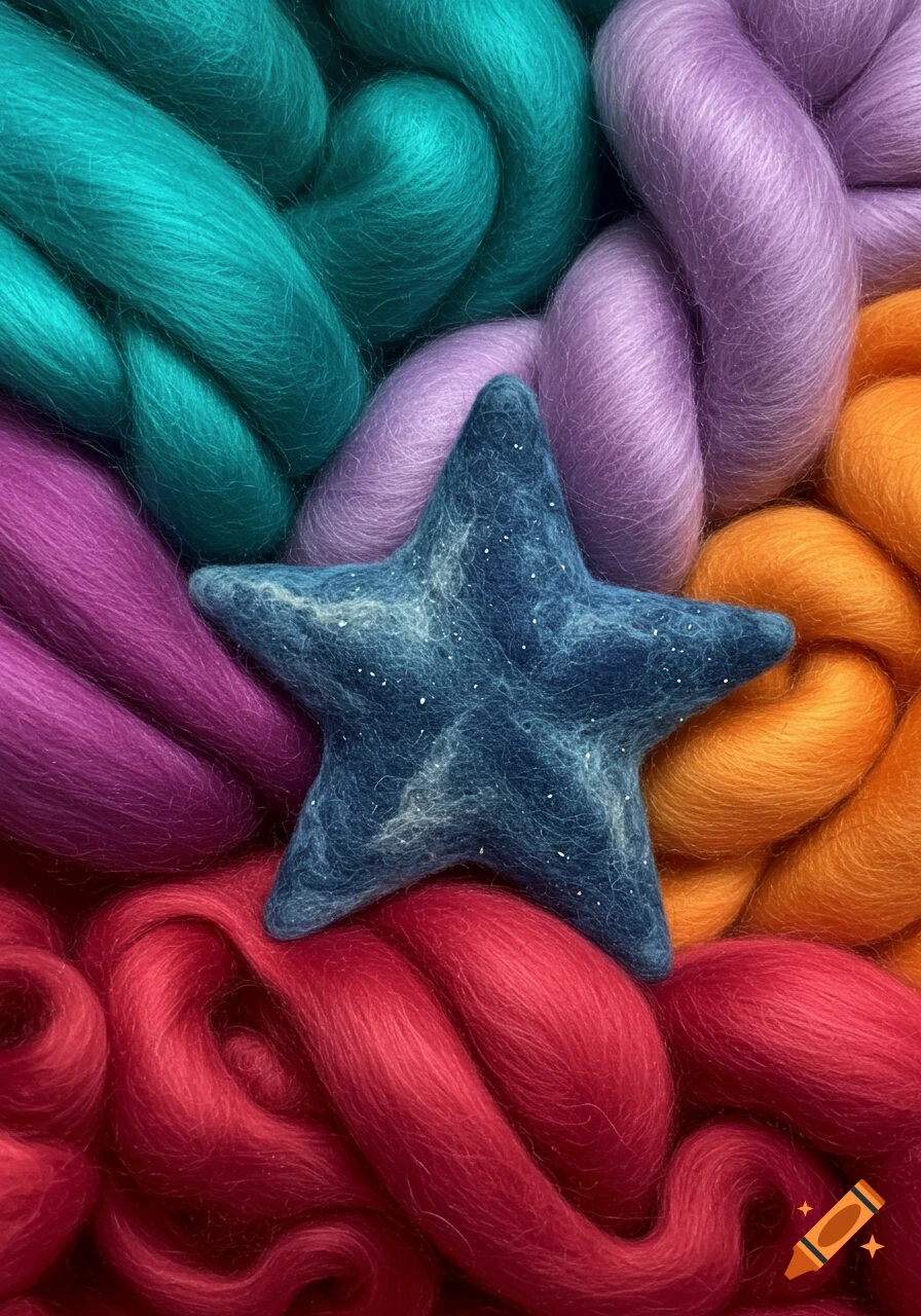 Close-up of a blue felted star ornament resting on a textured background of colorful felted wool rovings in teal, purple, orange, magenta, and red.