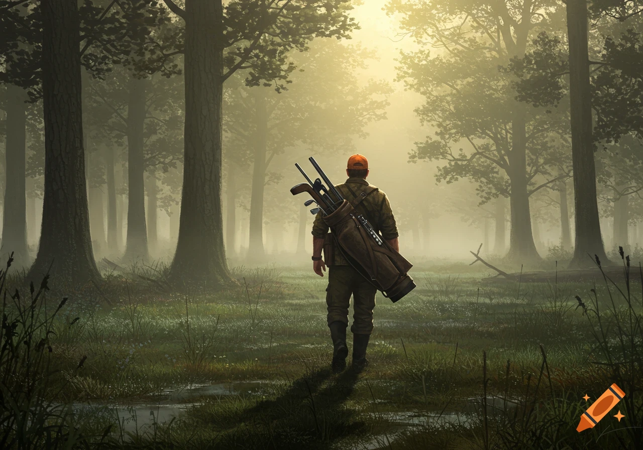 A man carrying a golf bag walks through a misty forest bathed in golden light.
