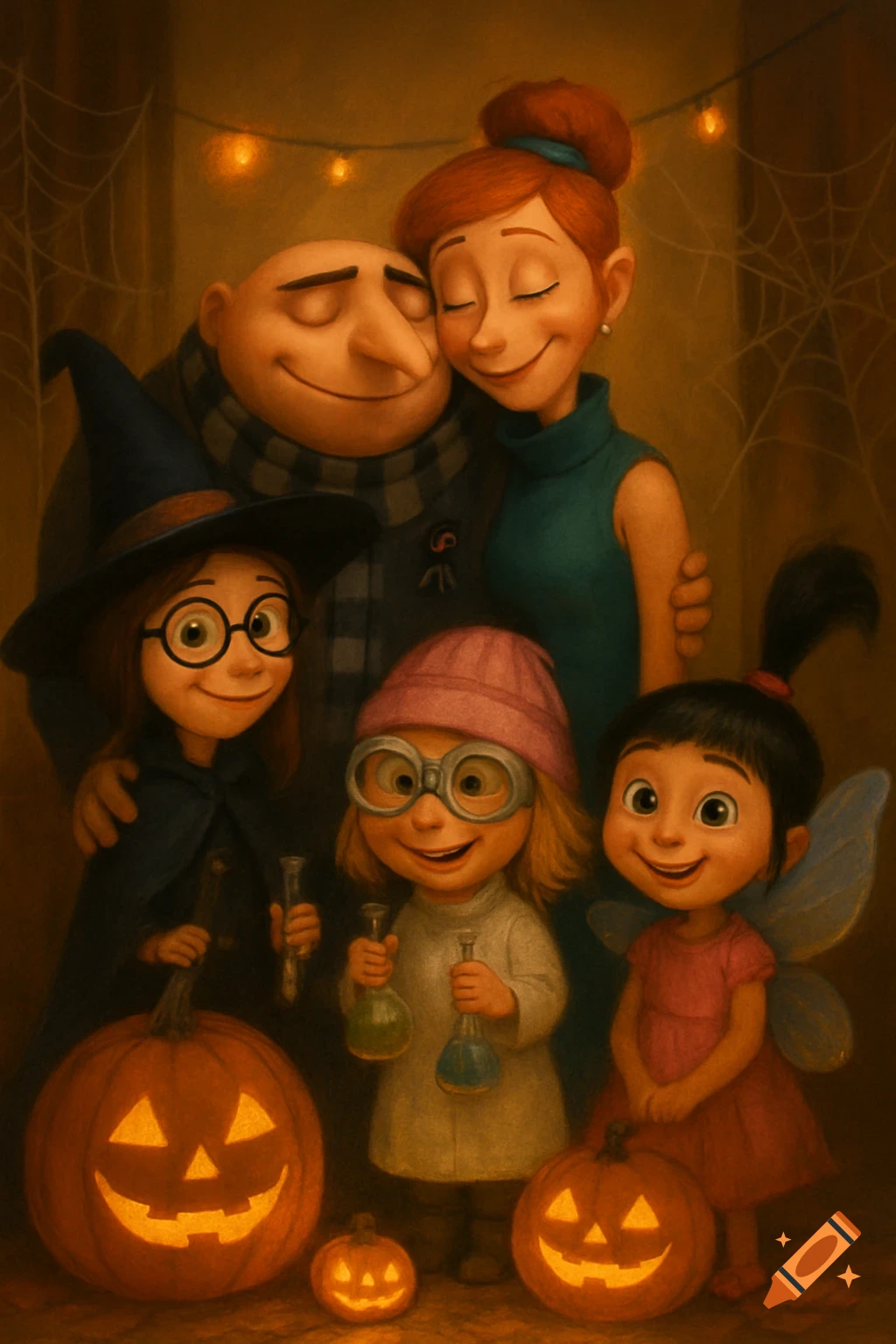 Gru, Lucy, and their three daughters, Margo, Edith, and Agnes, in Halloween costumes, pose with jack-o'-lanterns in a warmly lit, spooky setting.