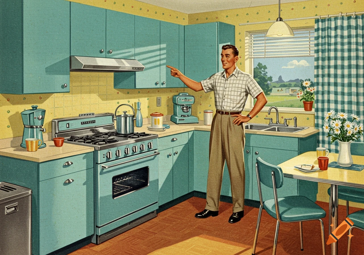 Retro illustration of a man proudly pointing in a teal and yellow 1950s kitchen.