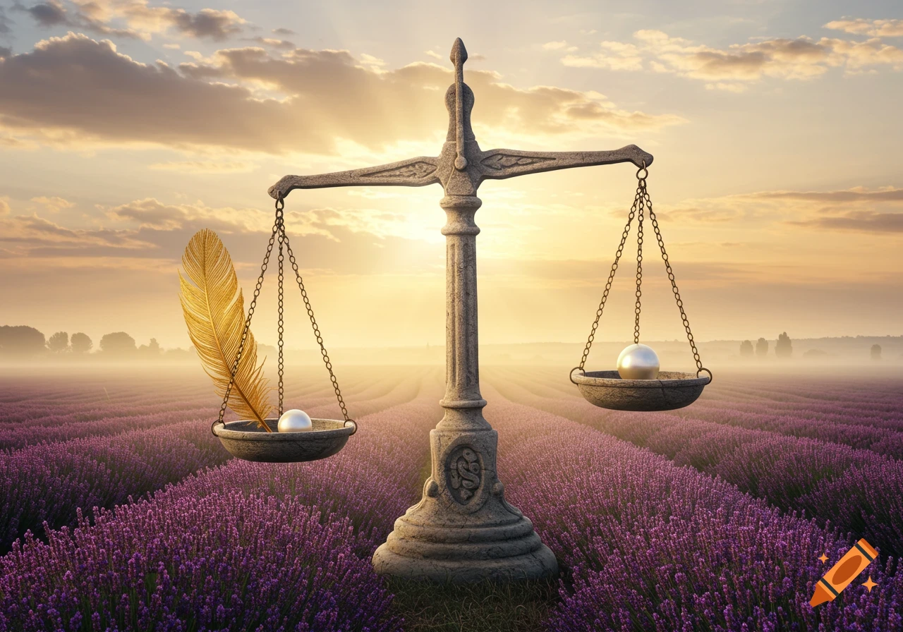 A stone balance scale in a purple lavender field at sunset, with a golden feather and pearl on one pan, and a single pearl on the other.