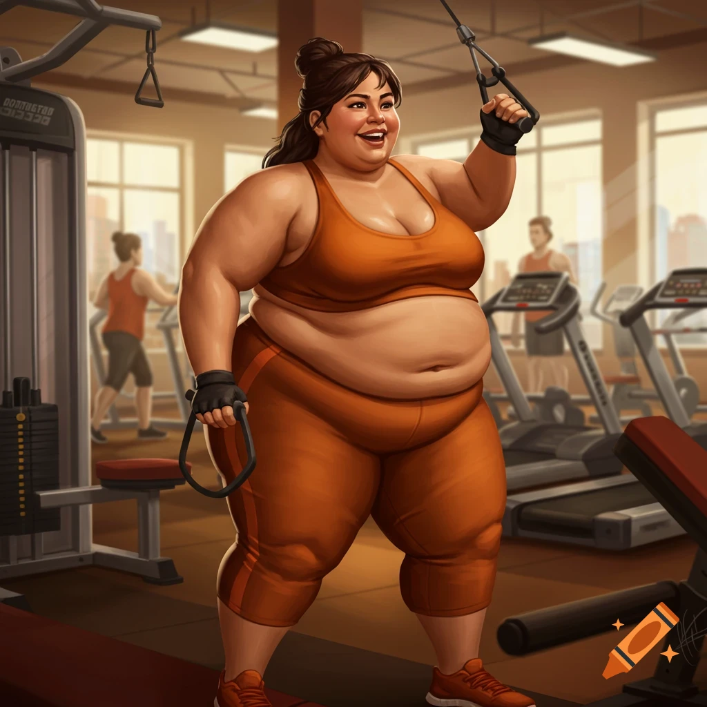 A smiling, very large Hispanic woman in orange workout attire uses a cable machine in a gym. Stylized illustration.