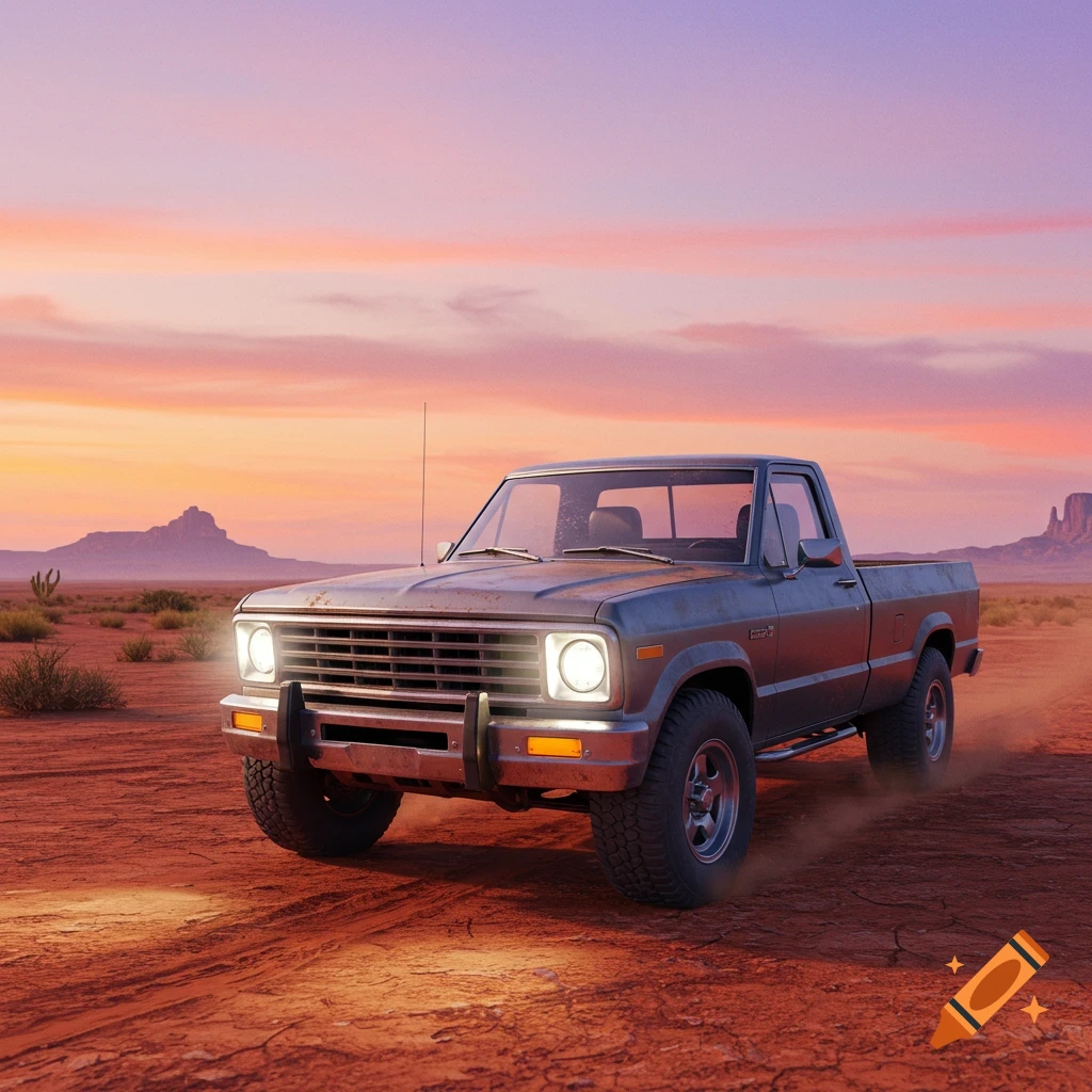 A photorealistic image of an old pickup truck driving on a dirt road in a desert landscape with a pink and orange sunset sky.