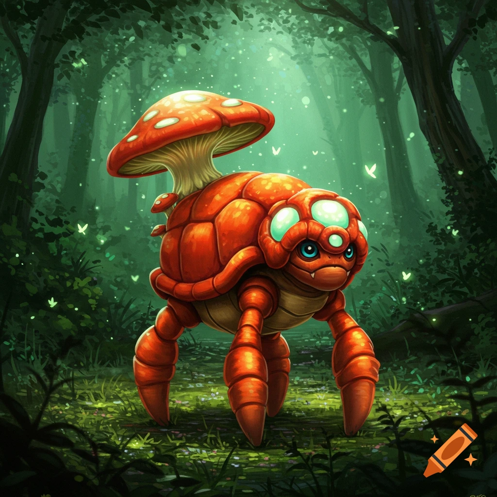 A cute red creature resembling a Pokemon Paras with a mushroom shell walks in a mystical forest.