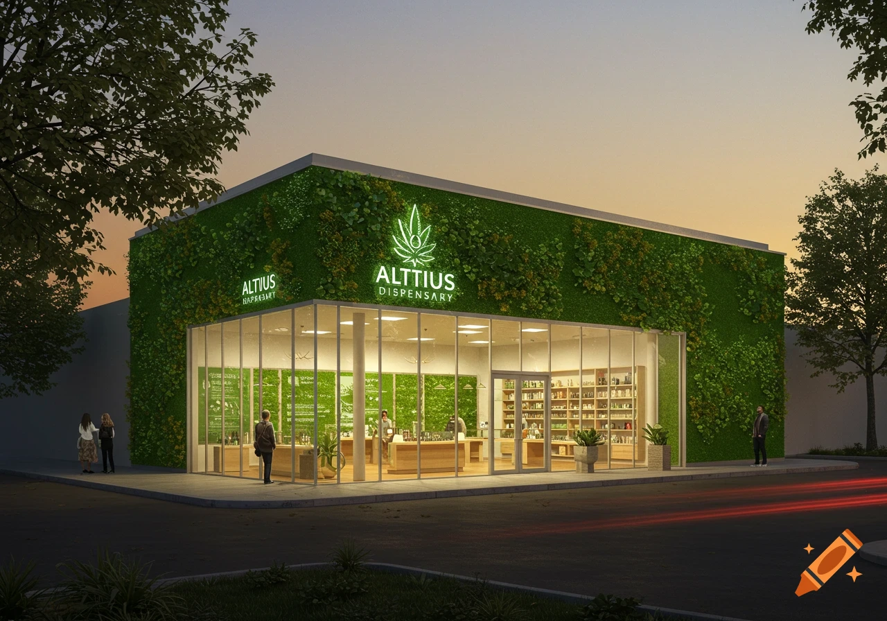 An evening shot of a modern Altius Dispensary building with a green facade, large glass windows, and a brightly lit interior, under a warm sunset sky.