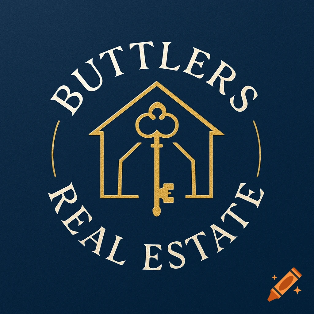 A golden real estate logo on a dark blue background. The logo features a house outline with an ornate skeleton key inside, encircled by the text 'BUTTLERS REAL ESTATE'.